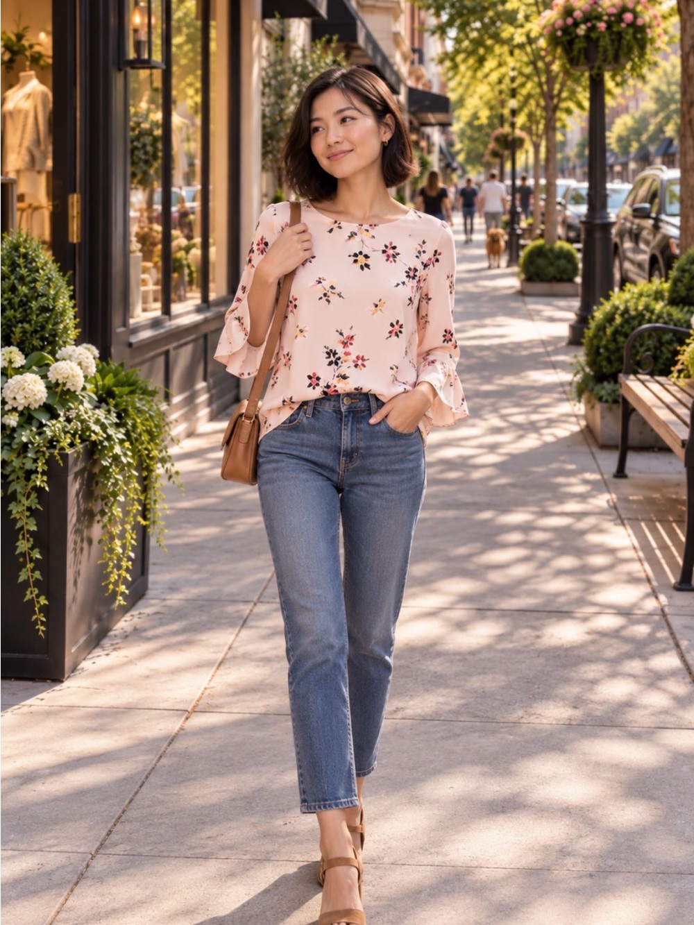 Ann Taylor Blush Floral Long Sleeve Top with Tie Cuff